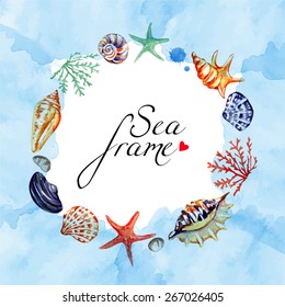 Watercolor texture. Vector with seashells. Sea frame. Nautical elements. 