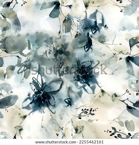 Watercolor textured abstract autumn flowers seamless pattern in dark colors. floral design background