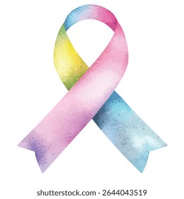 A watercolor textured awareness ribbon, featuring a rainbow gradient from yellow to purple, with subtle speckled details throughout its design.