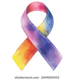 Een aquarel getextureerd bewustzijnslint met een regenbooggradiënt, met zichtbare stikdetails langs de randen van het lint.