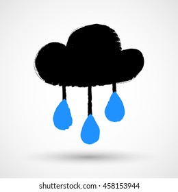 Watercolor textured cloud with rain drops. Hand drawn on wet paper. Vector illustration.