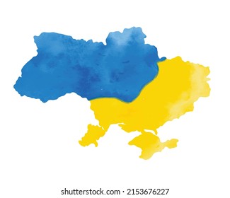 Watercolor textured map of Ukraine. Ukrainian artistic map silhouette with yellow and blue watercolour paint brush strokes. Vector illustration isolated on white. Ukrainian border silhouette drawing.