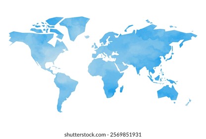 A watercolor textured map of the world showcasing outlines of continents in various shades of blue. This artistic representation highlights geographical boundaries creatively and visually.