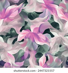 Watercolor textured marbling art in pink, green and white, seamless leaf pattern with floral background elements