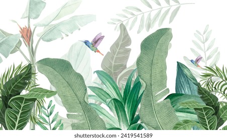 watercolor textured, mural art. sparrow and leaf, Tropical plants wallpaper design, garden backgrond, 