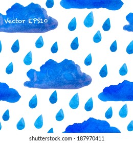 Watercolor textured seamless pattern with blue clouds and rain drops. Hand drawn on wet paper. Vector illustration.