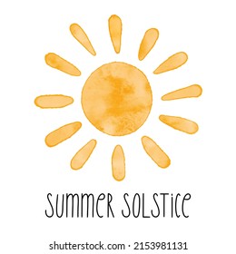 Watercolor textured simple vector sun icon. Vector illustration, greeting card for summer solstice, longest day of the year