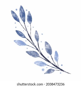 Watercolor textured vector branch with blue leaves and dots. Winter wreath plant element. Floral design artistic botany clip art