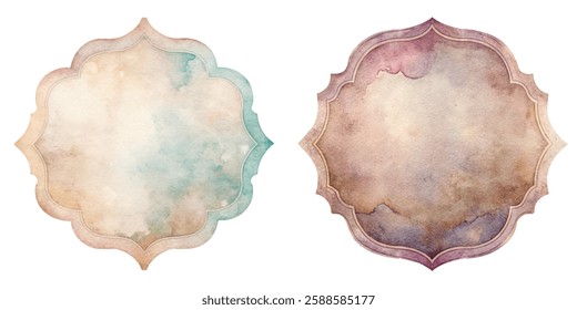Watercolor textures, decorative frames, soft pastel colors, elegant design, artistic elements, vintage style, versatile backgrounds.
