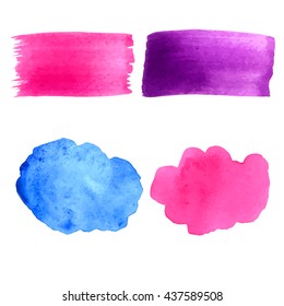 Watercolor textures in different shapes: blue and pink cloud, pink and violet lines. Hand drawn forms and element of design. Vector illustration on white background. 
