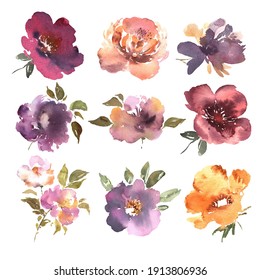 Watercolor texure flowers hand drawn colorful beautiful floral set with pink red blossom plant for cards prints and invitation. Vector illustrarion