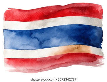 Watercolor Thailand flag, vibrant colors, artistic representation, national symbol, cultural heritage, abstract design.