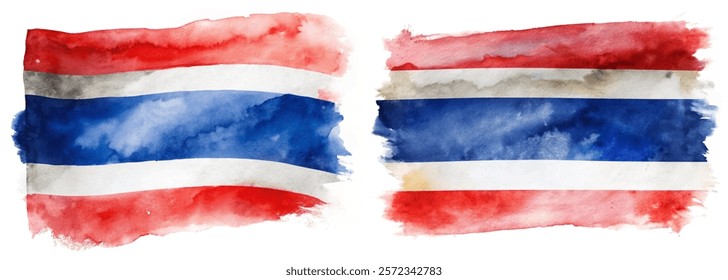 Watercolor Thailand flags, vibrant colors, artistic representation, patriotic theme, cultural symbols, abstract design.