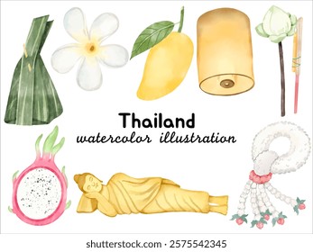 Watercolor Thailand Illustration: Featuring Golden Buddha, Lantern, Dragonfruit, Mango, Jasmine Garland, and Sticky Rice Wrap for Cultural and Culinary-Themed Art Project