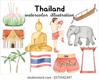 Watercolor Thailand Illustration: Featuring Temple, Buddha, Muay Thai Fighter, Thai Flag, Elephant, Palm Trees, and Giant Swing for Cultural and Travel-Themed Art