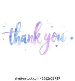 Watercolor "Thank You" lettering in soft shades of blue and purple with subtle splatters.