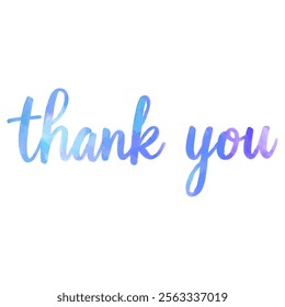 Watercolor "Thank You" lettering in soft shades of blue and purple with subtle splatters