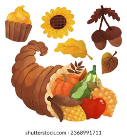 Watercolor Thanksgiving Elements with Cornucopia basket with fruit and vegetables, Acorns, Cupcake, Autumn Leaf and Flower illustration Vector