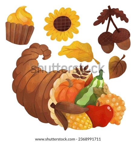 Watercolor Thanksgiving Elements with Cornucopia basket with fruit and vegetables, Acorns, Cupcake, Autumn Leaf and Flower illustration Vector