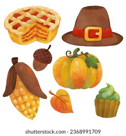 Watercolor Thanksgiving Elements with Pie, Pilgrim Hat, Corn, Acorn, Pumpkin, Autumn Leaf and Cupcake illustration Vector
