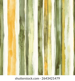 Waterverf dunne verticale strepen, olijfgroen en mosterdgeel kleurenpalet. grunge lijnen ikat patroon, ikat naadloos patroon, Vector illustratie achtergrond voor het afdrukken van het papier.