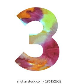 Watercolor three number made by brushstrokes on the wet paper. Vector illustration.