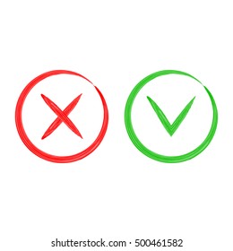 Watercolor tick and cross in a circle. Handmade vector graphics.