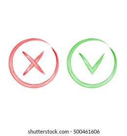 Watercolor tick and cross in a circle. Handmade vector graphics.