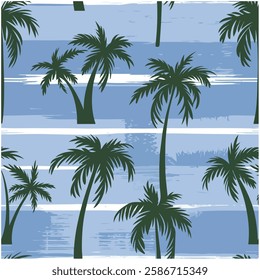 Watercolor Tie-Dye Stripes with Palm Trees Silhouettes Seamless Pattern