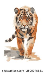 Clipart de tigre de acuarela aislado fondo blanco. Camina pacífica y armoniosamente por el bosque con su cuerpo poderoso y su aura majestuosa.