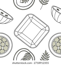 Fondo transparente de azulejos de acuarela con placas compostables para el concepto de Sharad Purnima como movimiento de cámara Zoom en el patrón de placas compostables. Escena Fondo sin fisuras con tonos neutros. Detalle Placas de acuarela que destacan cero Elementos de residuos para Sharad Purnima. en Foto Stock Concepto, espacio de copia para publicidad o Anuncio con alta calidad Detalle --ar 7:2
