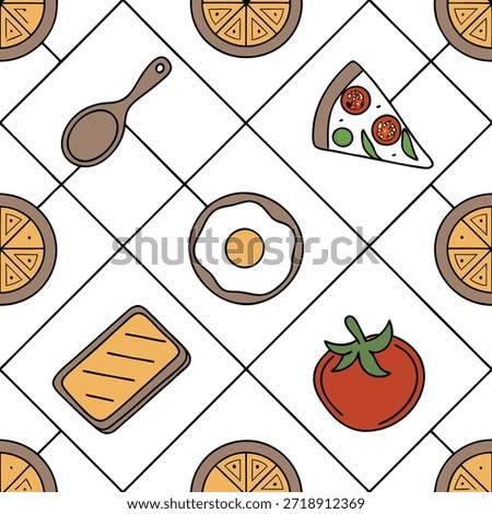 Watercolor tiles seamless background featuring homemade food items for World Food Day concept as Camera movement Zoom into the watercolor tiles depicting homemade food items. Scene Various types of homemade foods in a kitchen setting. Detail Watercolor textures highlighting the beauty of homemade cooking. in Photo Stock Concept , copy space for advertisement or banner with high Quality Detail --ar 7:2