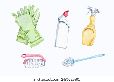 Watercolor toilet cleaning tools collection
