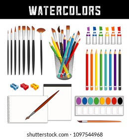 Watercolor tools and supplies: tubes of paints, field box, desk organizer, brushes, pencils, sharpeners and papers for fine art painting and illustration, isolated on white background.