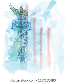  watercolor torch of statue of liberty on USA flag