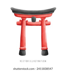 Watercolor of Torii Gate, Japan Landmark. Vector Illustration 