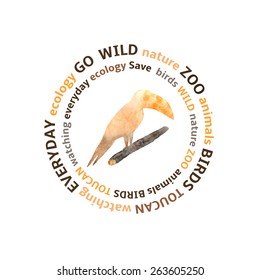 Watercolor toucan in the wild on the tree branch