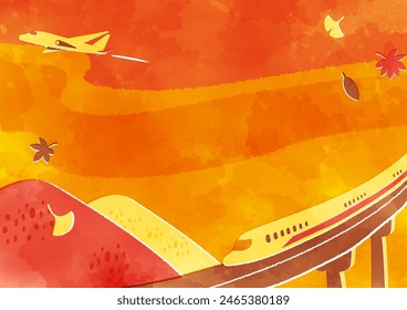 Watercolor touch background illustration of autumn scenery and Shinkansen and airplane.