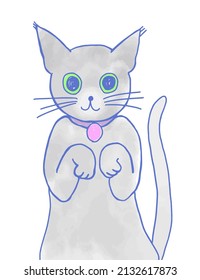 Watercolor touch, close-up of the upper body of a gray cat looking at the front and lifting its paw in a cute gesture.