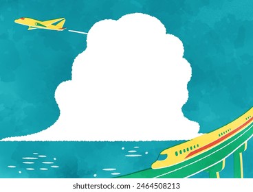 Watercolor touch illustration of summer scenery, shinkansen and airplane