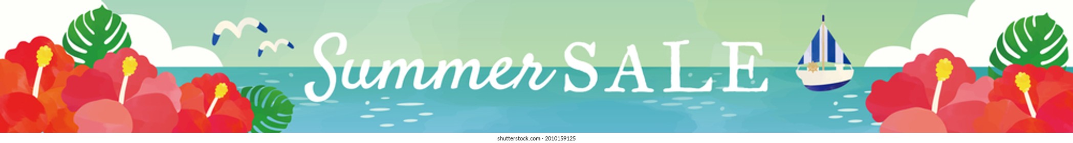 Watercolor touch vector illustration of hibiscus and sea