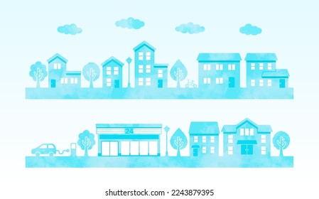 watercolor townscape silhouette. cute illustration for background (blue)