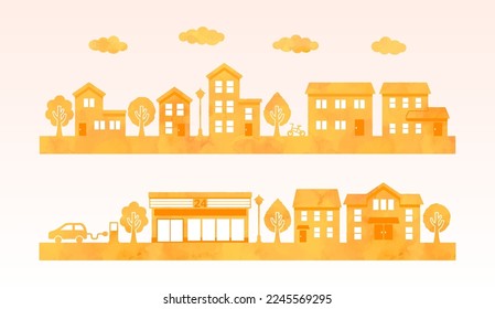 watercolor townscape silhouette. cute illustration for background (orange)