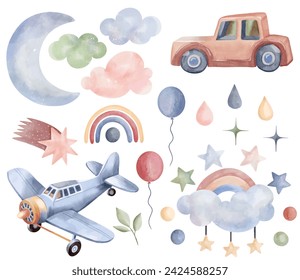 Juguetes de acuarela avión, coche. Conjunto de elementos de vivero dibujado a mano vector, nubes, luna, arco iris, estrellas