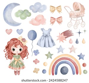 Aquarell Spielzeug Puppe, Kinderwagen. Set von Vektor Hand gezeichnete Kinderzimmer Elemente, Wolken, Mond, Regenbogen, Sterne