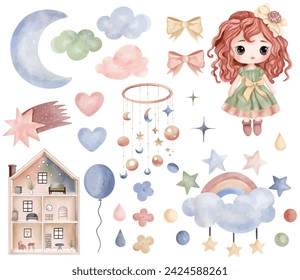 Watercolor toys doll, puppet house. Set of vector hand drawn nursery elements, clouds, moon, rainbow, stars