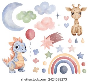 Watercolor toys giraffe, dinosaur. Set of vector hand drawn nursery elements, clouds, moon, rainbow, stars, stickers