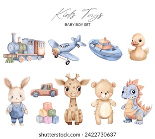 Watercolor toys set. Hand drawn kid toy, aeroplane, train, boat. Childish vector illustration pastel colors.