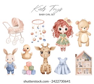 Watercolor toys set. Hand drawn kid toy, puppet house, doll, baby carriage. Childish vector illustration pastel colors.