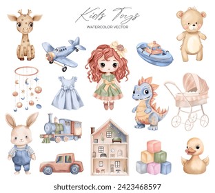 Watercolor toys set. Hand drawn kid toy, dinosaur, doll, teddy bear, bunny. Childish vector illustration pastel colors.